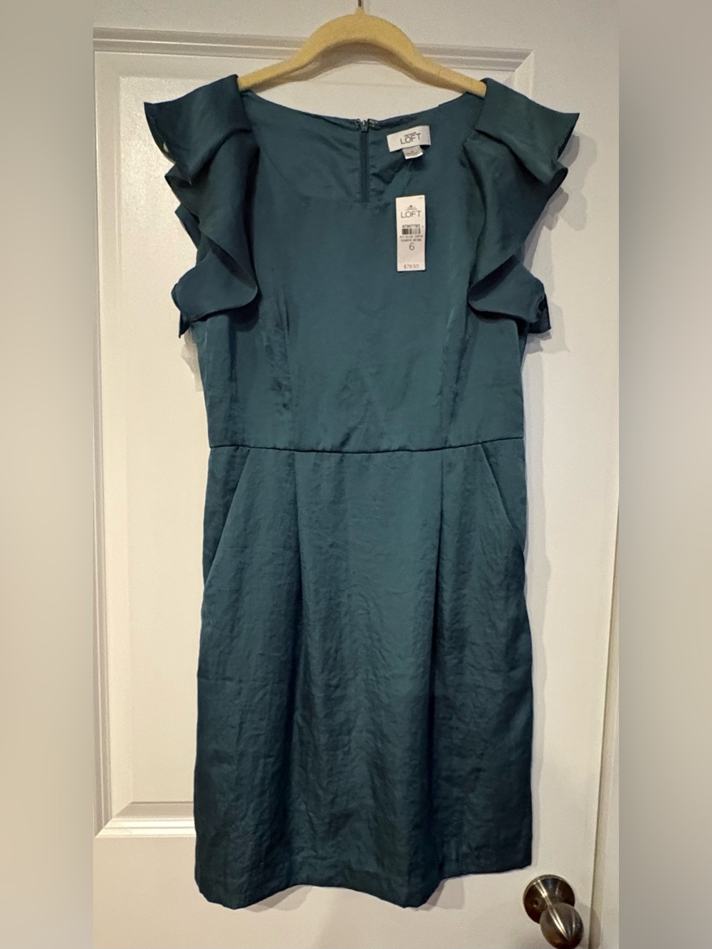 NWT Ann Taylor LOFT Teal Ruffle Sleeve Sheath Dress size 6
